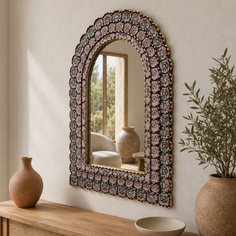 🪞✨ Espejo artesanal rosado 80 cm – Vidrio pintado a mano ✨