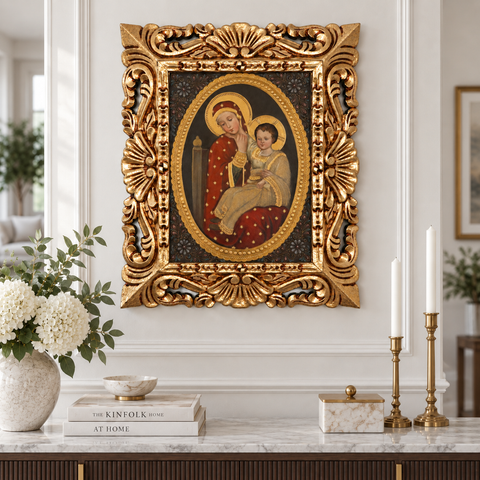 👑👶 Virgen con el Niño 55 × 45 cm – Pintura Cuzqueña Artesanal PFS0400029