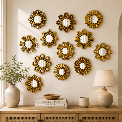 Composición Mándala 16cm – Set de 12 Espejos Cuzqueños Artesanales de Pared para Decoración Elegante