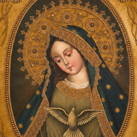 🕊️👑 Virgen de la Paz 55 × 45 cm – Pintura Cuzqueña Artesanal PFS0400059