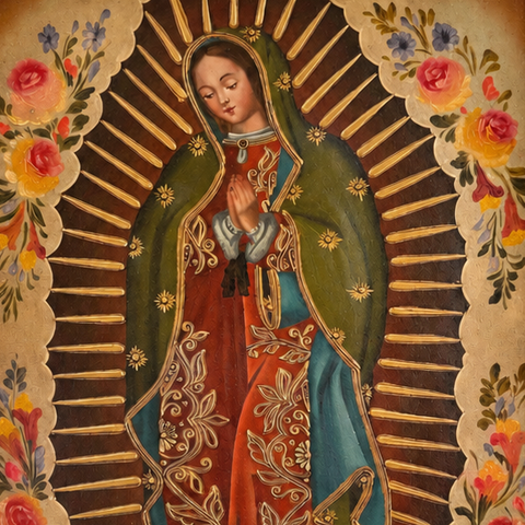 🌹✨ Virgen de Guadalupe 55 × 45 cm – Pintura Cuzqueña Artesanal PPFS0400070