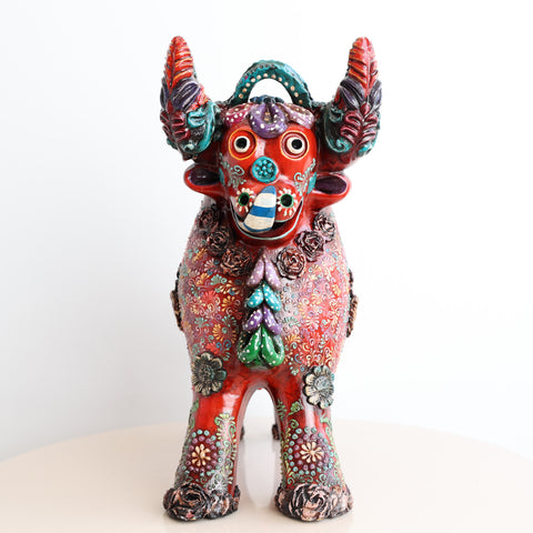 🐂 Toro de Pucará Premium Rojo 31 cm – Cerámica Artesanal Peruana Decorativa de Lujo