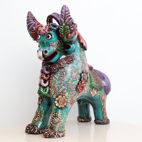 🐂 Toro de Pucará Premium Turquesa y Lila 31 cm – Cerámica Artesanal Peruana Decorativa de Lujo