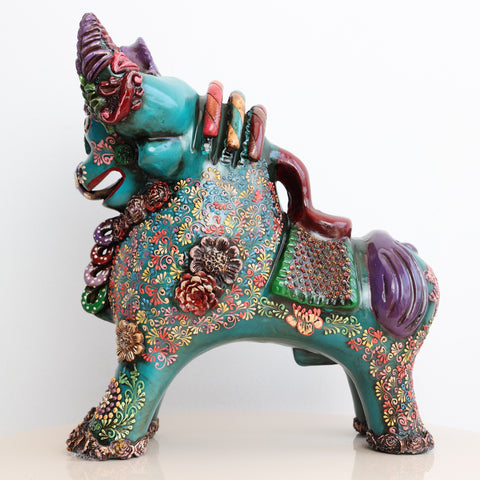🐂 Toro de Pucará Premium Turquesa y Lila 31 cm – Cerámica Artesanal Peruana Decorativa de Lujo
