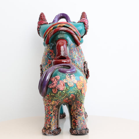 🐂 Toro de Pucará Premium Turquesa y Lila 31 cm – Cerámica Artesanal Peruana Decorativa de Lujo