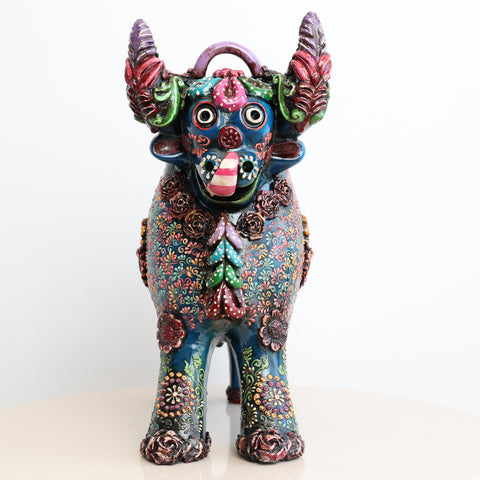 🐂 Toro de Pucará Premium Azul Petróleo 31 cm – Cerámica Artesanal Peruana Decorativa de Lujo