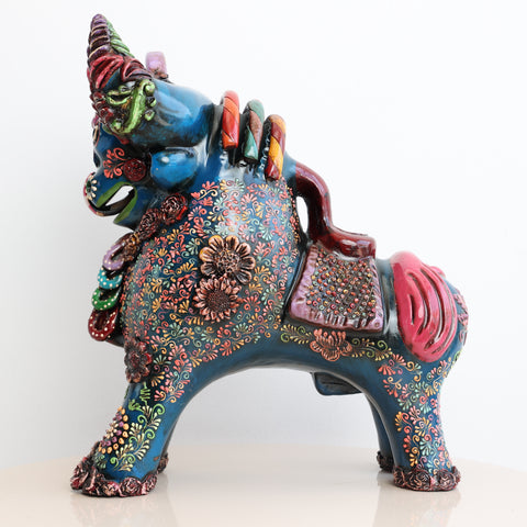 🐂 Toro de Pucará Premium Azul Petróleo 31 cm – Cerámica Artesanal Peruana Decorativa de Lujo