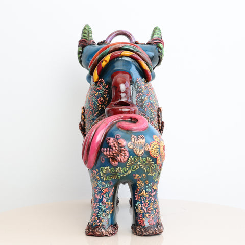🐂 Toro de Pucará Premium Azul Petróleo 31 cm – Cerámica Artesanal Peruana Decorativa de Lujo