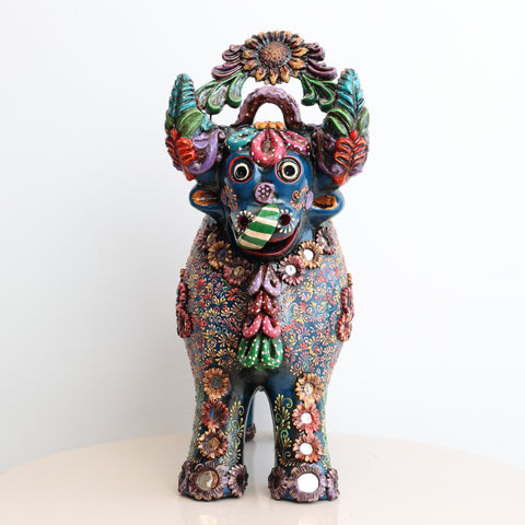 🐂 Toro de Pucará Premium Azul 37 cm – Cerámica Artesanal Peruana Decorativa de Lujo