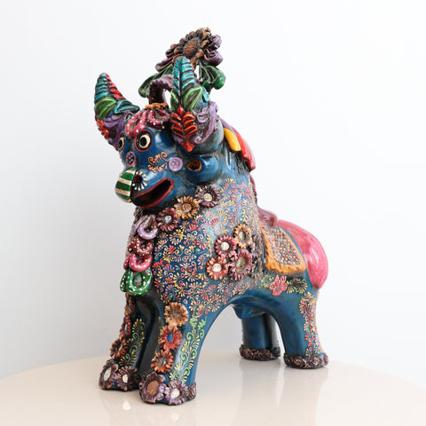 🐂 Toro de Pucará Premium Azul 37 cm – Cerámica Artesanal Peruana Decorativa de Lujo