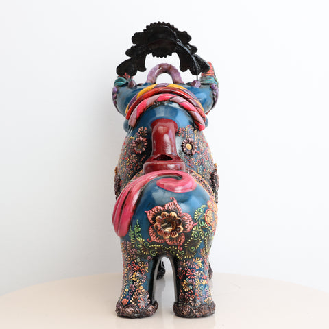 🐂 Toro de Pucará Premium Azul 37 cm – Cerámica Artesanal Peruana Decorativa de Lujo