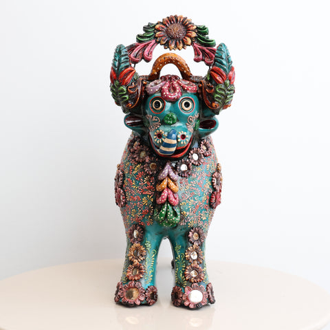 🐂 Toro de Pucará Premium Turquesa 37 cm – Cerámica Artesanal Peruana Decorativa de Lujo