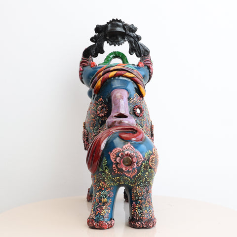 🐂 Toro de Pucará Premium Azul 37 cm – Cerámica Artesanal Peruana Decorativa de Lujo