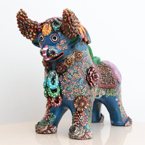 🐂 Toro de Pucará Premium Azul con Cuernos Texturizados 20 cm – Cerámica Artesanal Peruana Decorativa de Lujo