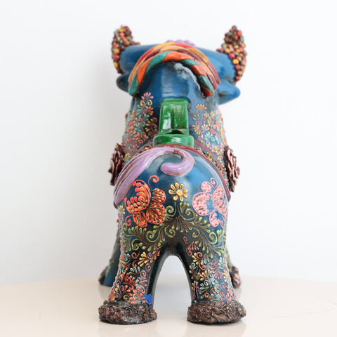 🐂 Toro de Pucará Premium Azul con Cuernos Texturizados 20 cm – Cerámica Artesanal Peruana Decorativa de Lujo
