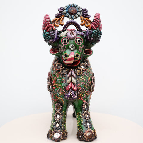🐂 Toro de Pucará Premium Verde 37 cm – Cerámica Artesanal Peruana Decorativa de Lujo