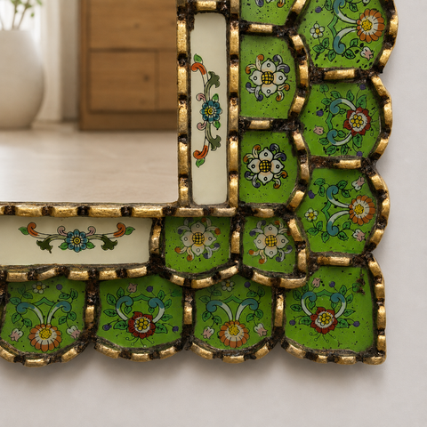 🪞✨ Espejo artesanal verde limón 80 cm – Vidrio pintado a mano ✨