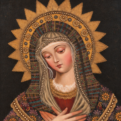 👑✨ Madonna 55 × 45 cm – Pintura Cuzqueña Artesanal PFS0400056