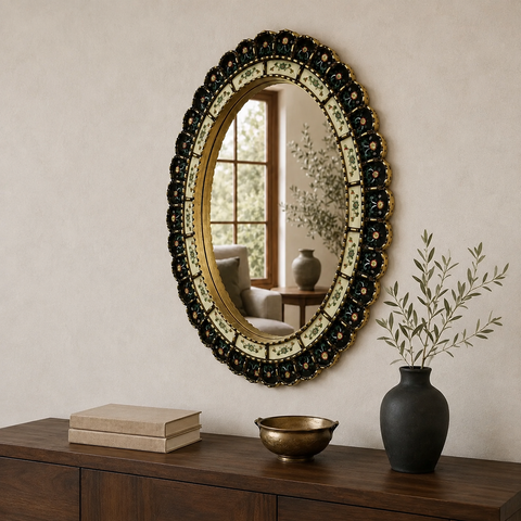 🪞✨ Espejo ovalado negro 70 cm – Vidrio pintado a mano ✨