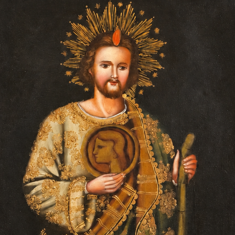 🙏✨ San Judas Tadeo 55 × 45 cm – Pintura Cuzqueña Artesanal PFS0400018
