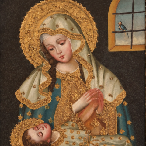 👑✨ Virgen del Sueño 55 × 45 cm – Pintura Cuzqueña Artesanal PFS0400053