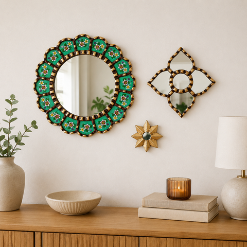 Composición Gloriosa Turquesa – Set de 3 Espejos Cuzqueños Artesanales para Pared