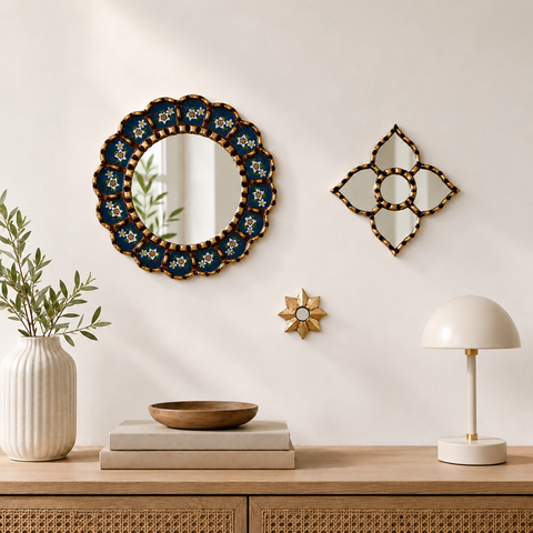 Composición Gloriosa Azul Oscuro – Set de 3 Espejos Cuzqueños Artesanales para Pared
