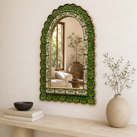 🪞✨ Espejo Urna verde 60 cm – Vidrio pintado a mano ✨