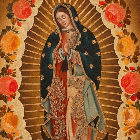🌹✨ Virgen de Guadalupe 55 × 45 cm – Pintura Cuzqueña Artesanal PFS0400067