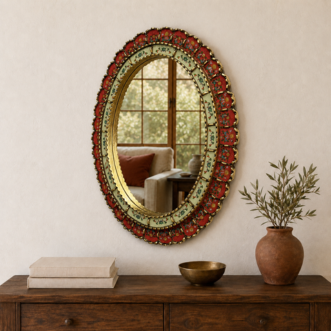 🪞✨ Espejo ovalado rojo 70 cm – Vidrio pintado a mano ✨