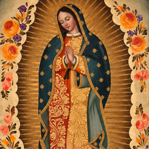 🌹👑 Virgen de Guadalupe 55 × 45 cm – Pintura Cuzqueña Artesanal PFS0400060