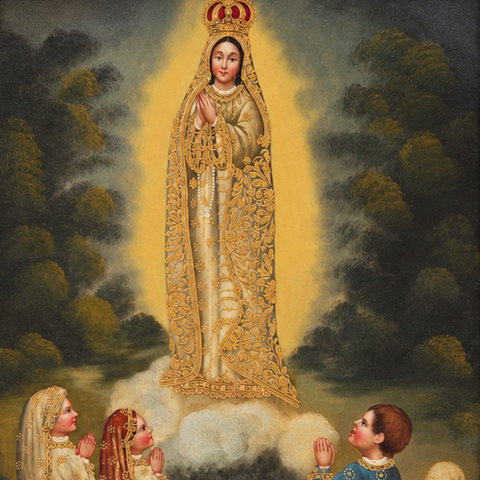 👑✨ Virgen de Fátima 55 × 45 cm – Pintura Cuzqueña Artesanal PFS0400042