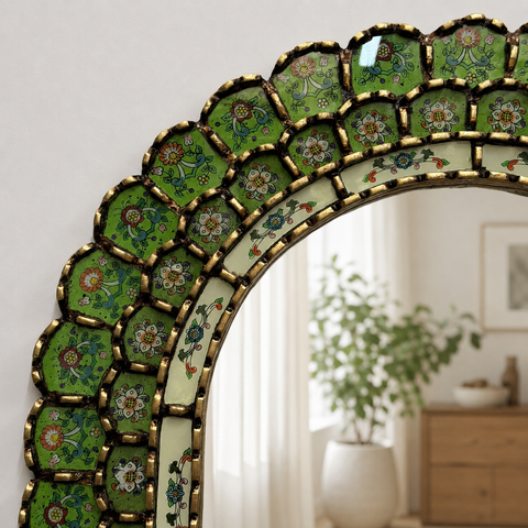 🪞✨ Espejo artesanal verde limón 80 cm – Vidrio pintado a mano ✨