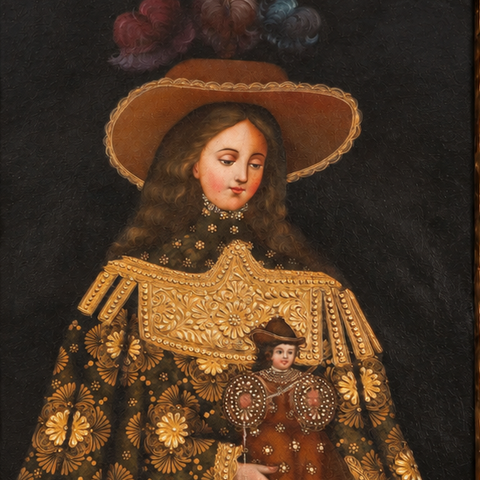 🧵👑 Virgen Hilandera 55 × 45 cm – Pintura Cuzqueña Artesanal PFS0400048