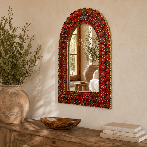 🪞❤️ Espejo Cusqueño Rojo 80 cm – Vidrio Pintado a Mano ✨