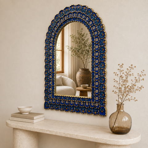 🪞✨ Espejo Urna azul 80 cm – Vidrio pintado a mano ✨