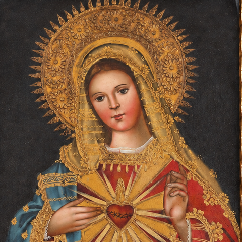 ❤️👑 Sagrado Corazón de María 55 × 45 cm – Pintura Cuzqueña Artesanal PFS0400046