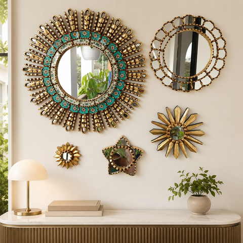 Composición Estelar Turquesa – Set de 5 Espejos Cuzqueños Artesanales para Pared