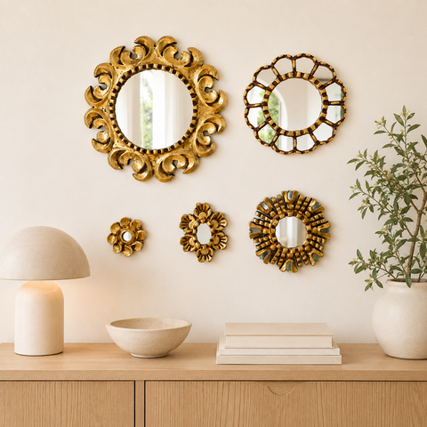 Composición Mándala Copa – Set de 5 Espejos Cuzqueños Artesanales de Pared para Decoración Elegante del Hogar