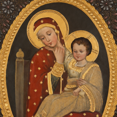 👑👶 Virgen con el Niño 55 × 45 cm – Pintura Cuzqueña Artesanal PFS0400029