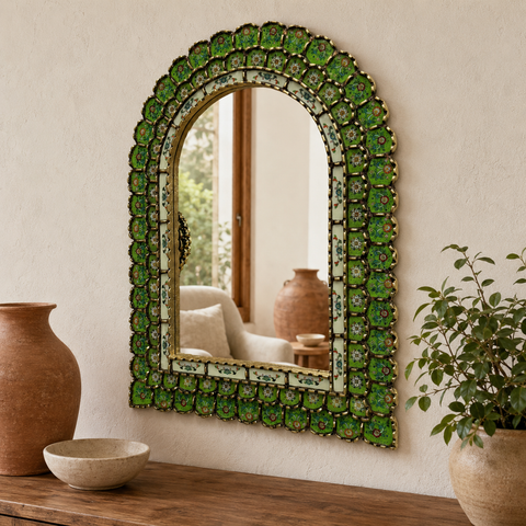 🪞✨ Espejo artesanal verde limón 80 cm – Vidrio pintado a mano ✨