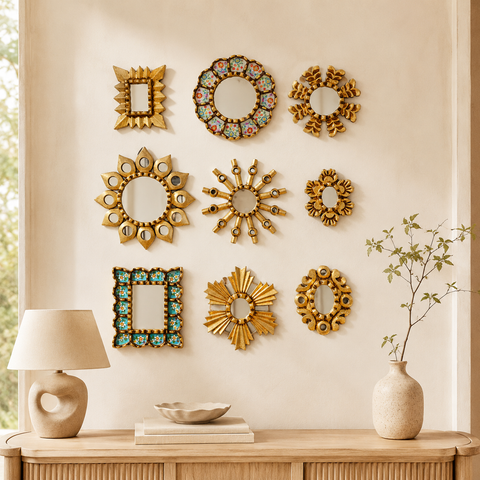 Composición Marfil Turquesa – Set de 9 Espejos Cuzqueños Artesanales de Pared para Decoración Elegante del Hogar