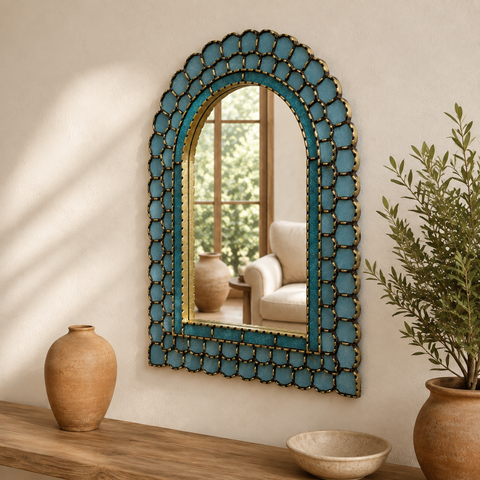 🪞✨ Espejo artesanal turquesa 80 cm – Vidrio pintado a mano ✨