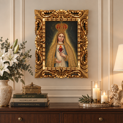 👑✨ Virgen de Fátima 55 × 45 cm – Pintura Cuzqueña Artesanal PFS0400041