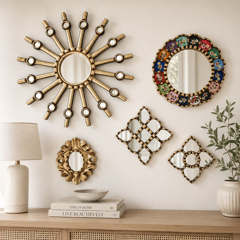 Composición Calavera Arcoíris – Set de 5 Espejos Cuzqueños Artesanales para Pared
