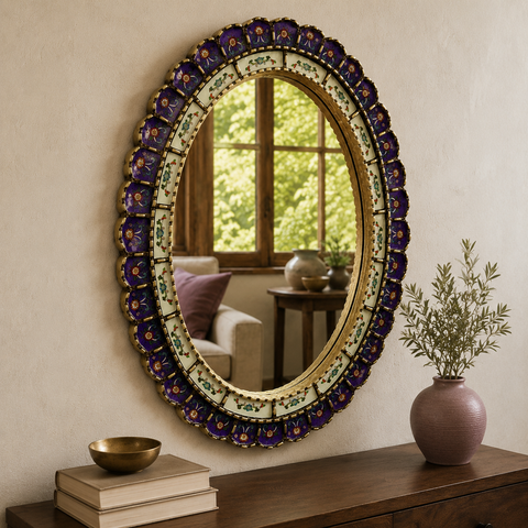 🪞✨ Espejo ovalado morado 70 cm – Vidrio pintado a mano ✨