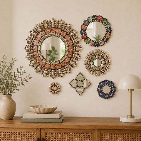 Composición Melón Arcoíris – Set de 6 Espejos Cuzqueños Artesanales para Pared