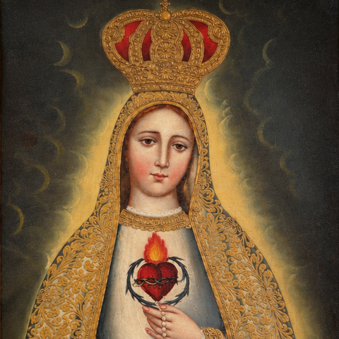 👑✨ Virgen de Fátima 55 × 45 cm – Pintura Cuzqueña Artesanal PFS0400041