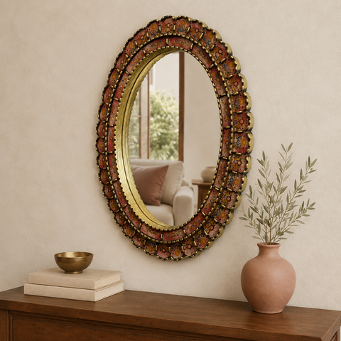 🪞✨ Espejo ovalado terracota 70 cm – Vidrio pintado a mano ✨