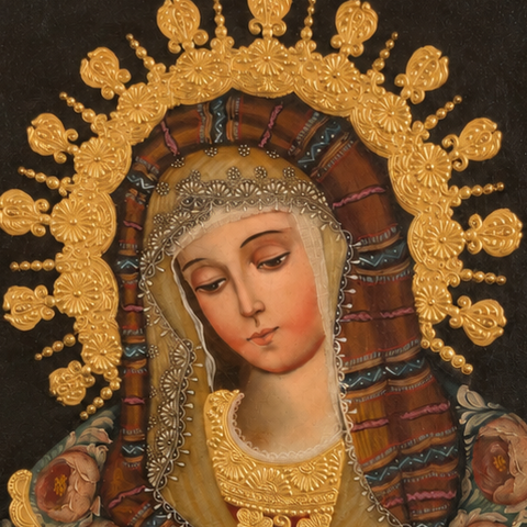 👑✨ Madonna 55 × 45 cm – Pintura Cuzqueña Artesanal PFS0400030